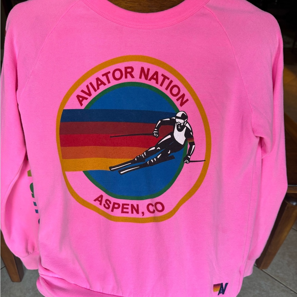 Aviator Nation Pink Sweatshirt with Multicolor Ski Graphic